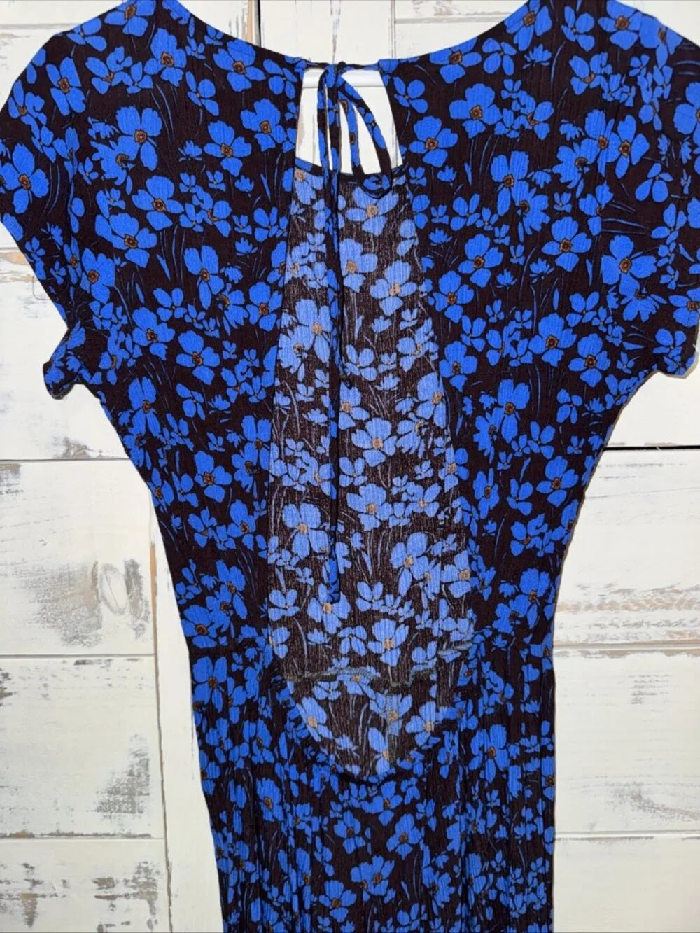 Free People Hailee Jumpsuit Blue Brown Floral Open Back Wide Leg S